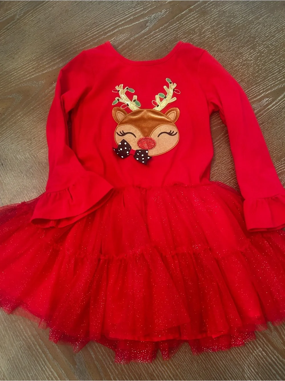 Girls' Red Reindeer Tulle Holiday Dress with Applique